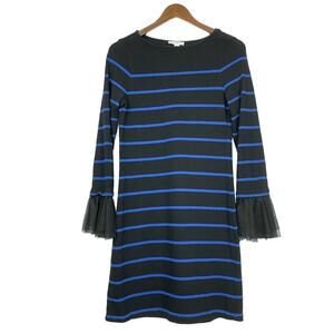 BeachLunchLounge | Black & Blue Stripe Tulle Ruffle Cuff Shift Sweater Dress